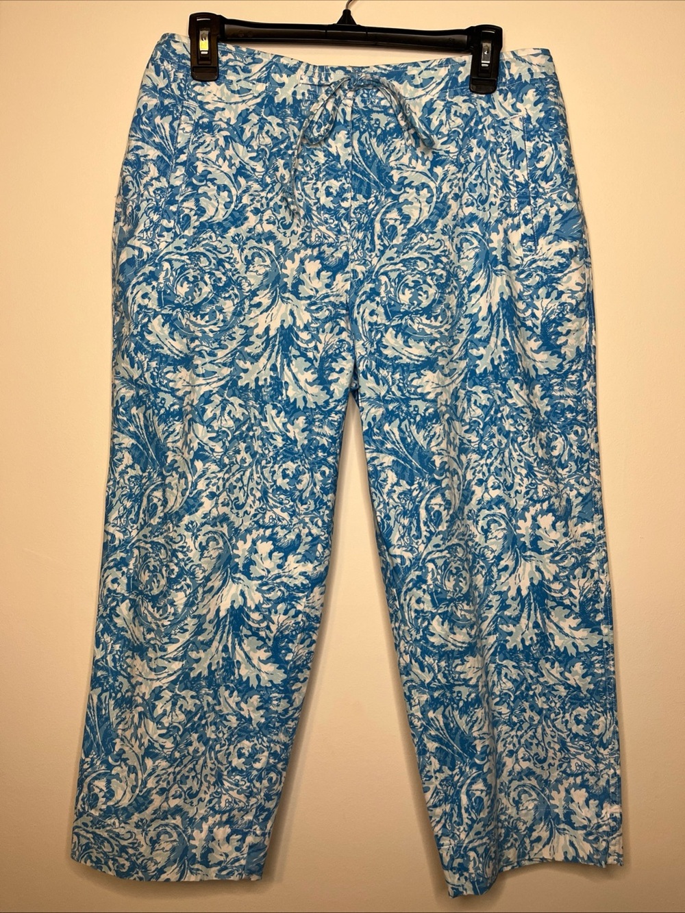 Talbots Petites Blue White Cotton Stretch Pants Straight Capri Size 10